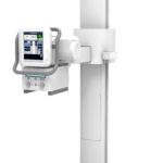 Medical imaging device on a vertical column with control console and rail base, branded 'del medical' on the column top rail system