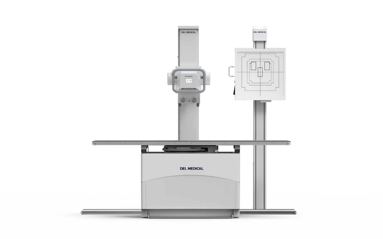 Del medical radiography system on a vertical stand with control panel and imaging plate, used for taking x-ray images