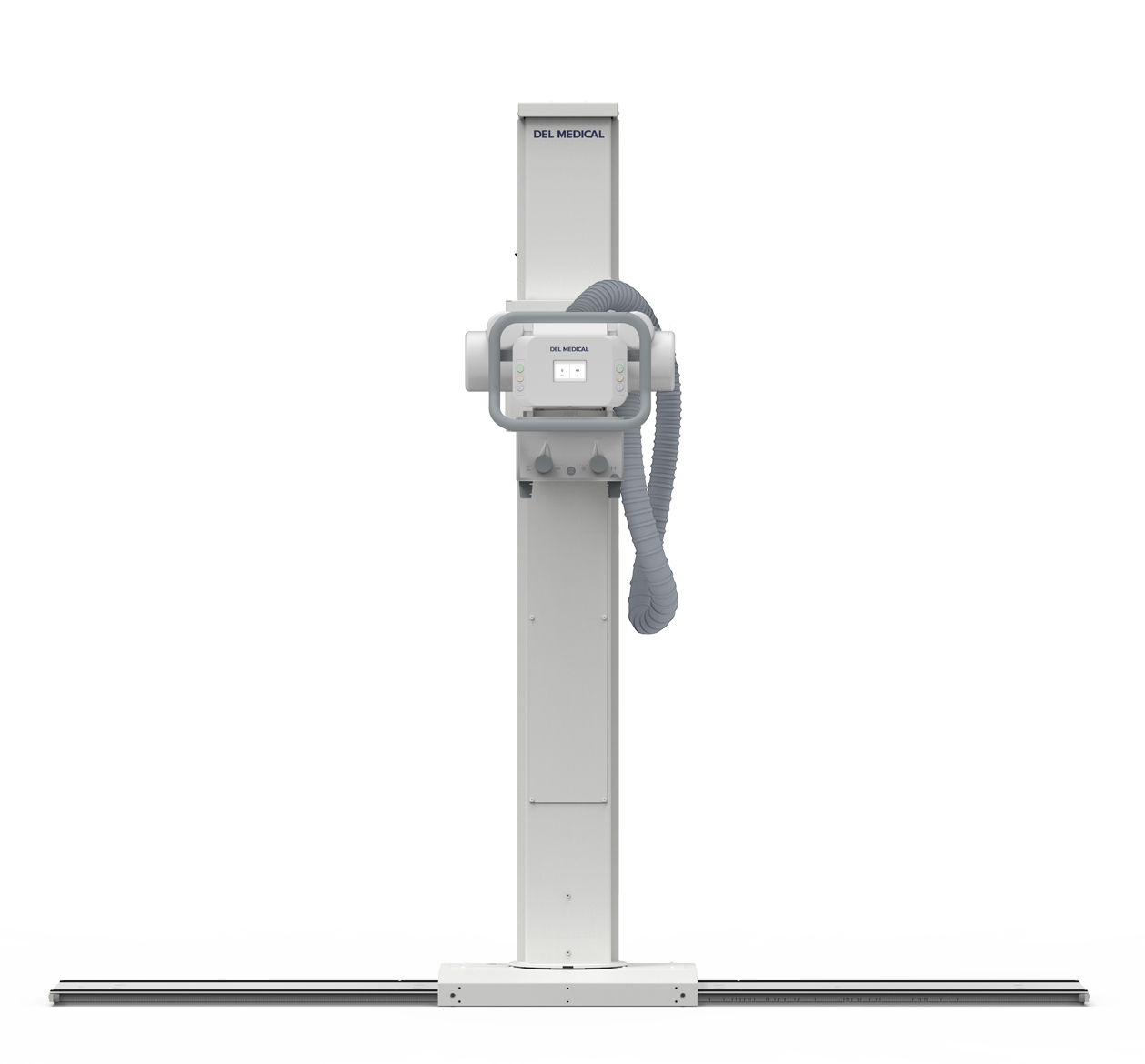 Del medical radiography stand with control panel and flexible hose on a tall vertical column.