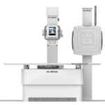 Del medical radiography machine with elevated imaging console and vertical column, viewed from front-left angle.