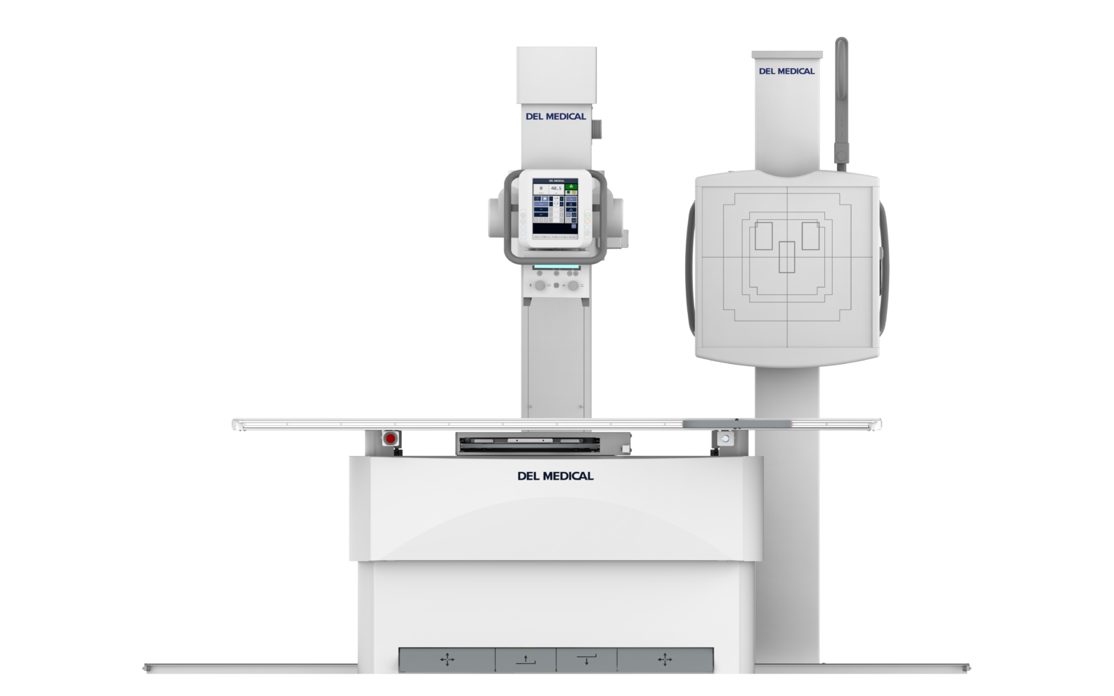 Del medical radiography machine with elevated imaging console and vertical column, viewed from front-left angle.