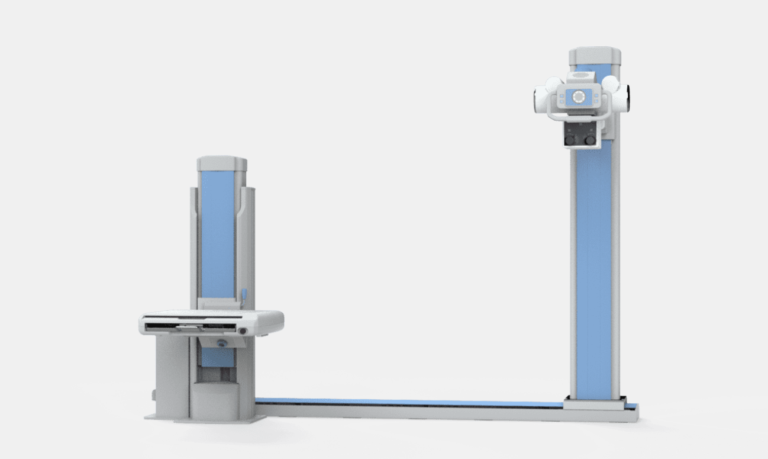 Medical x-ray imaging system with a horizontal patient table and a tall vertical detector pillar on the right, in a clean room setup.