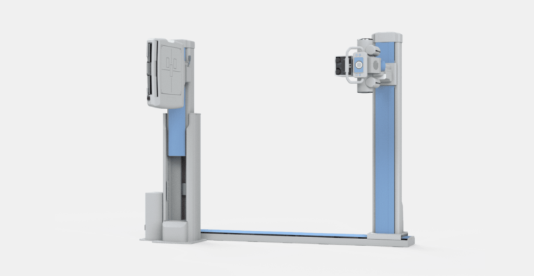 Two-post car lift with blue vertical posts and a control unit on the right, used to raise vehicles for maintenance.