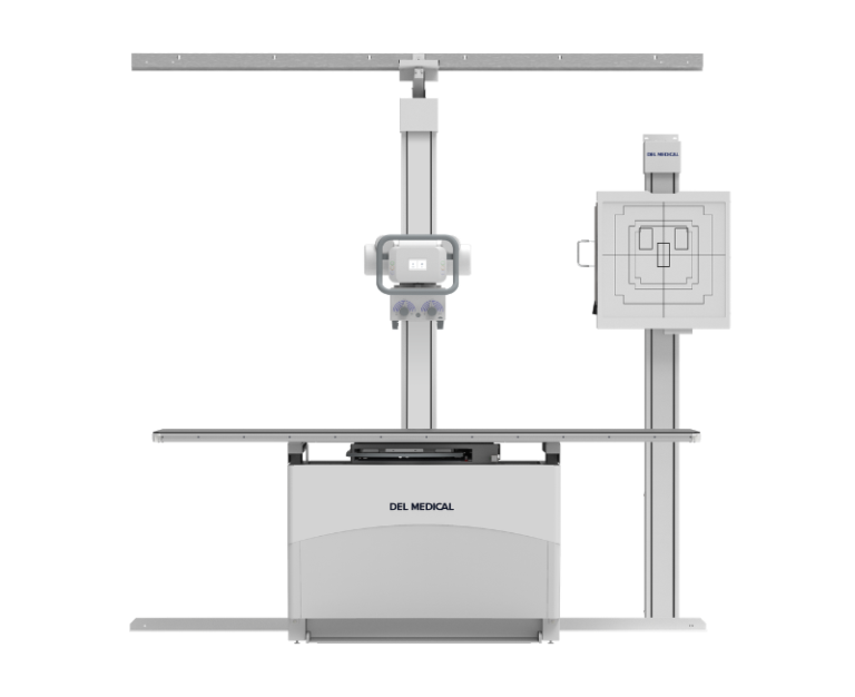 Ceiling-mounted medical x-ray imaging system with a patient table and a del medical control unit above the table railings.
