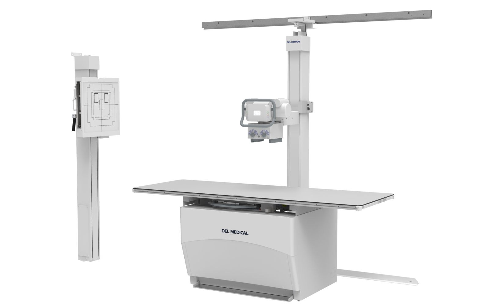 Medical x-ray imaging system with a flat patient table and vertical support column labeled del medical.