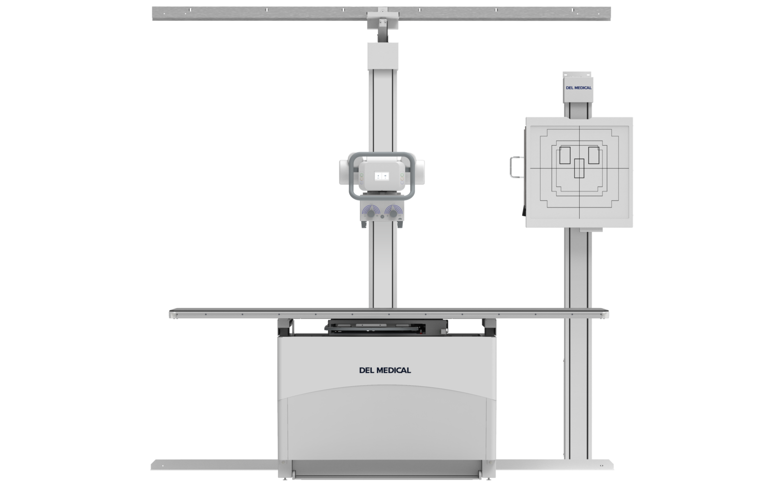 Vertical x-ray imaging system with a ceiling-mounted horizontal beam and a patient table (del medical branding).