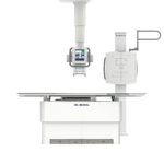 Ceiling-mounted del medical radiography system with control panel and adjustable patient table.