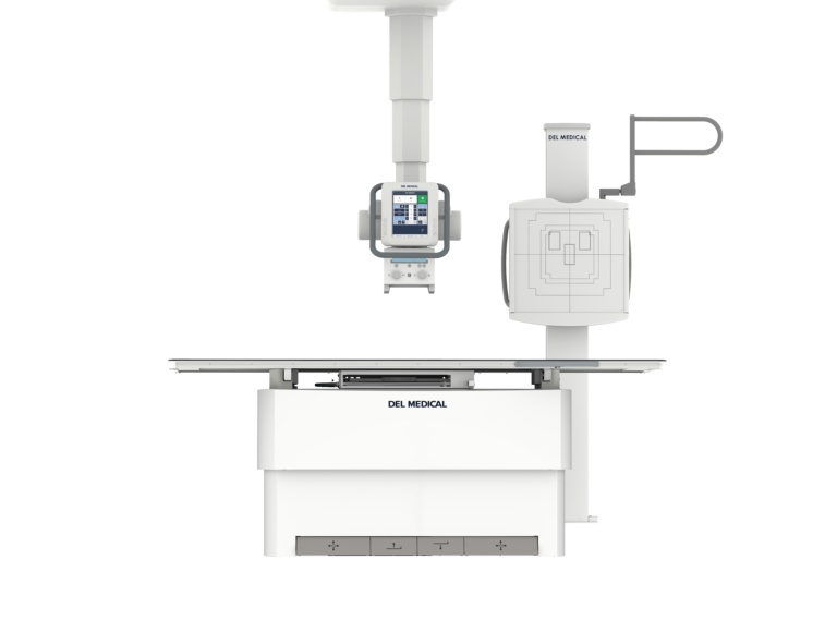 Ceiling-mounted del medical radiography system with control panel and adjustable patient table.