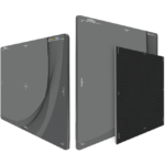 Three gray, curved display panels arranged in a row, with a black carbon-fiber panel on the right edge.
