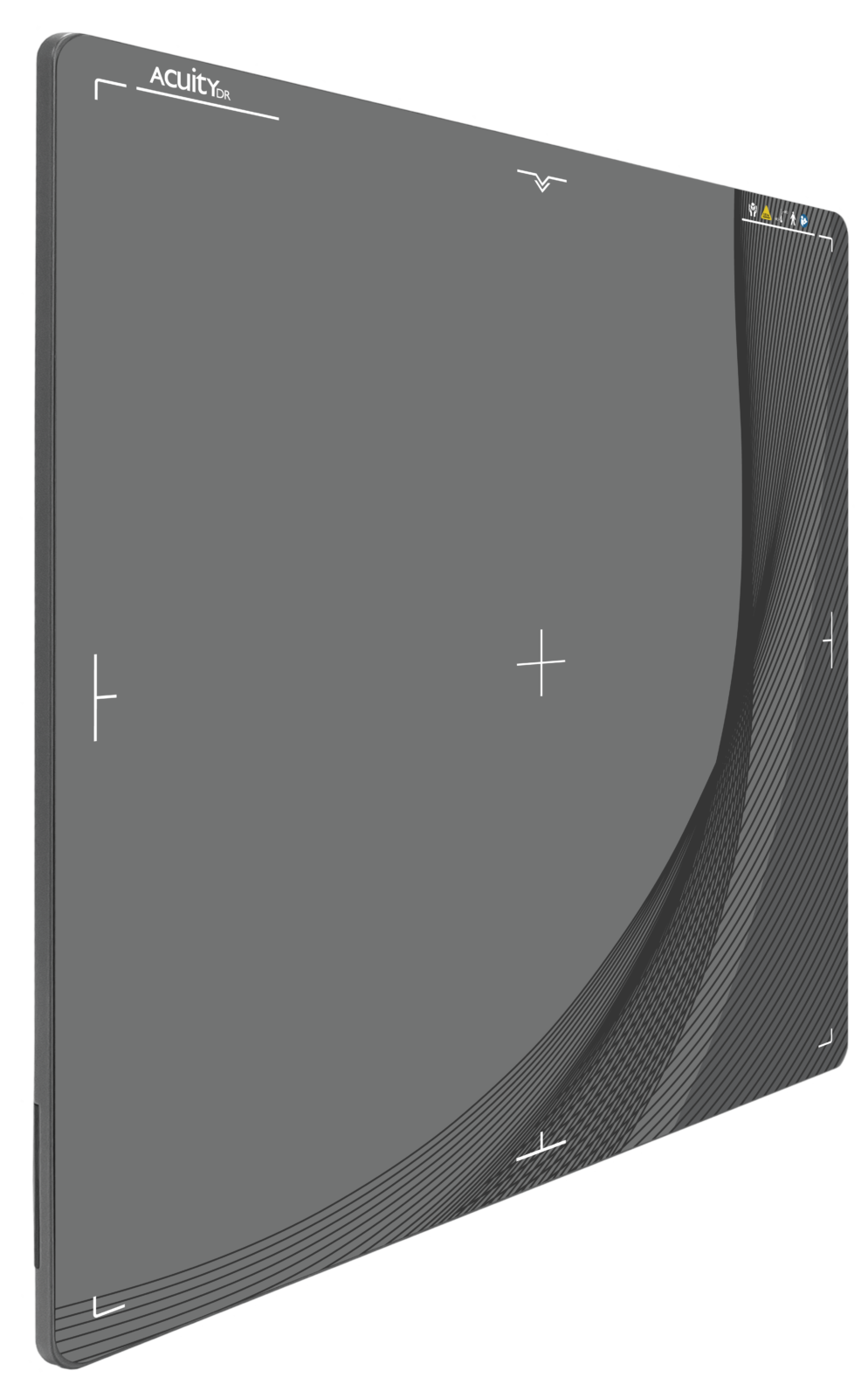 Isometric view of a gray medical monitor with curved edges and the acuitydr logo at the top left.