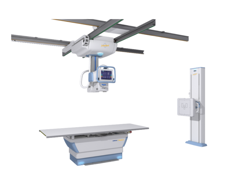 Ceiling-mounted c‑arm x‑ray system with an attached display monitor above an adjustable radiography table and a nearby upright imaging console on the right.