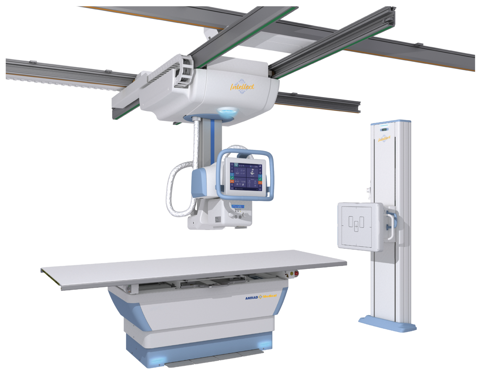 Ceiling-mounted radiography system with horizontal rails and a patient table, used for diagnostic x-ray imaging.
