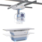 Ceiling-mounted radiography unit with adjustable arms above a patient table and a separate control console on the right.