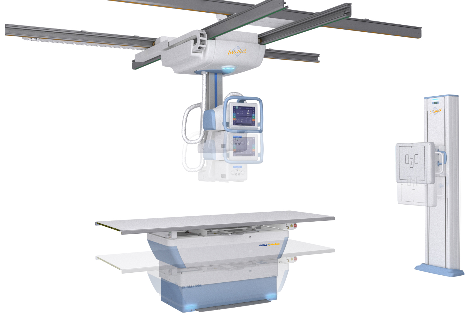 Ceiling-mounted radiography unit with adjustable arms above a patient table and a separate control console on the right.