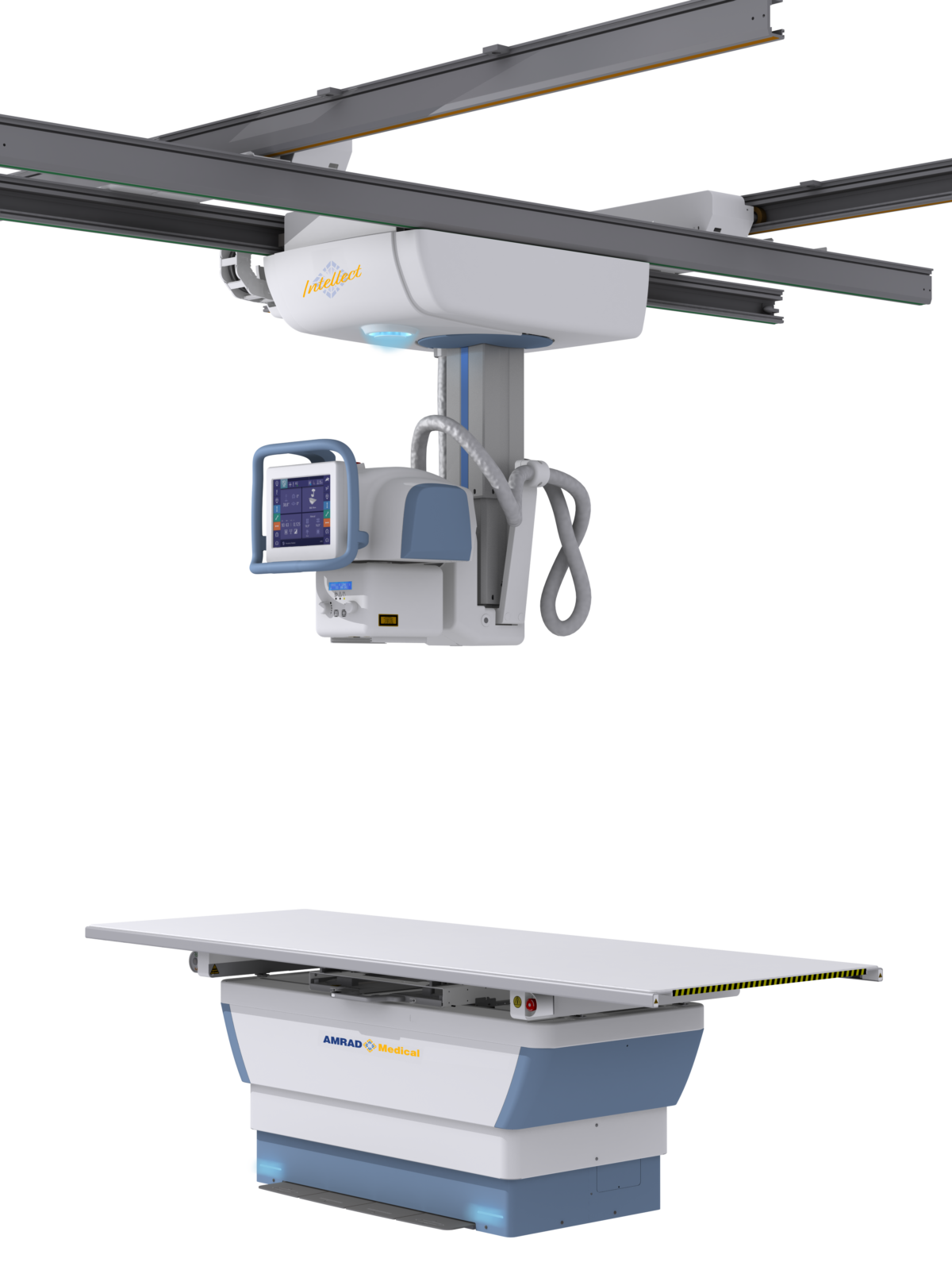 Medical imaging suite with ceiling-mounted robotic scanner and control console (amrad/intellect).