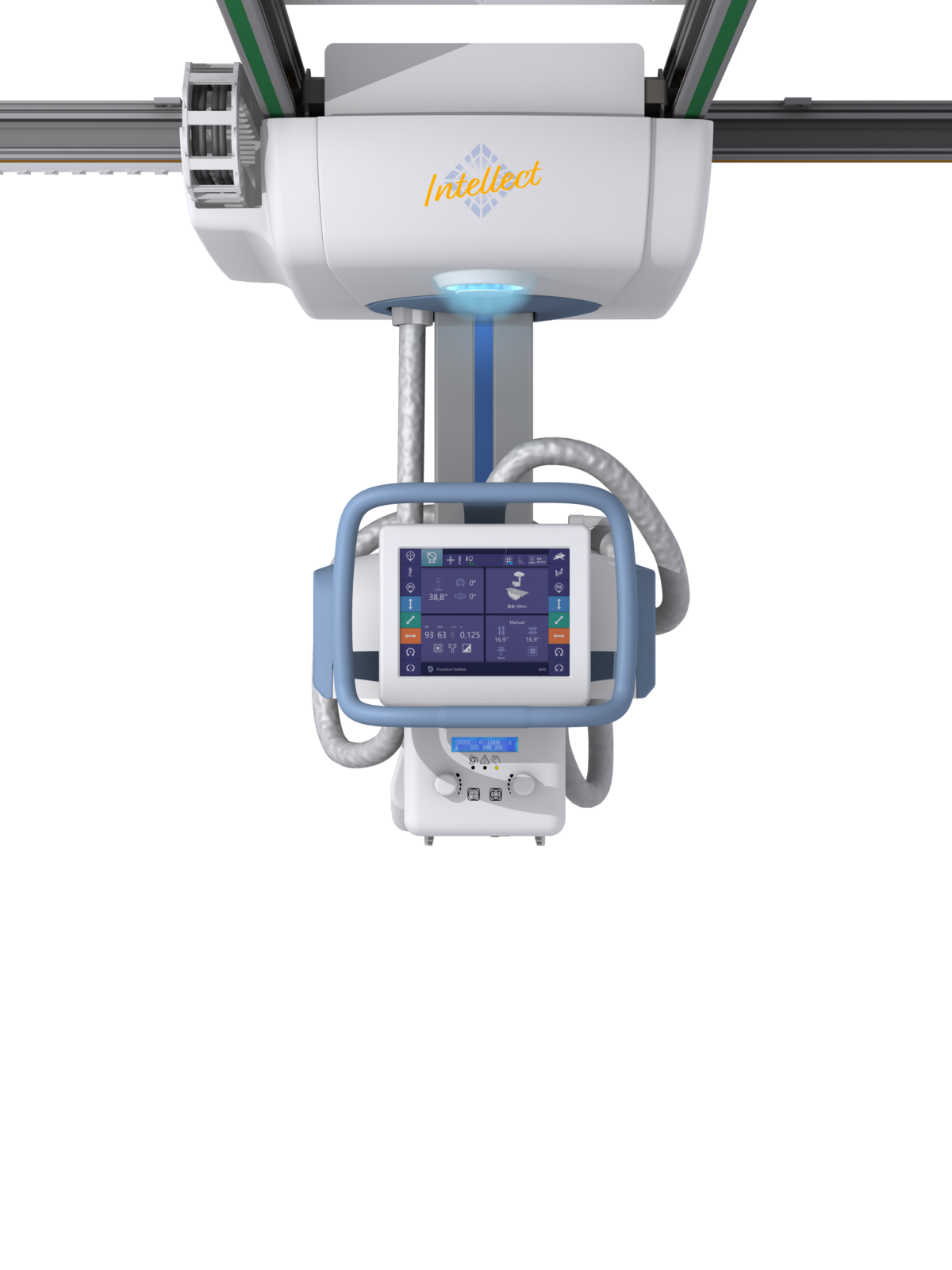 Medical imaging device (interventional radiology system) with a blue-framed control console and hanging cables, showing a screen filled with operational controls and data.