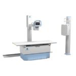 Medical imaging setup featuring an x-ray table with a vertical upright scanner and a separate control console on a tall column to the left; white and light-blue color scheme.