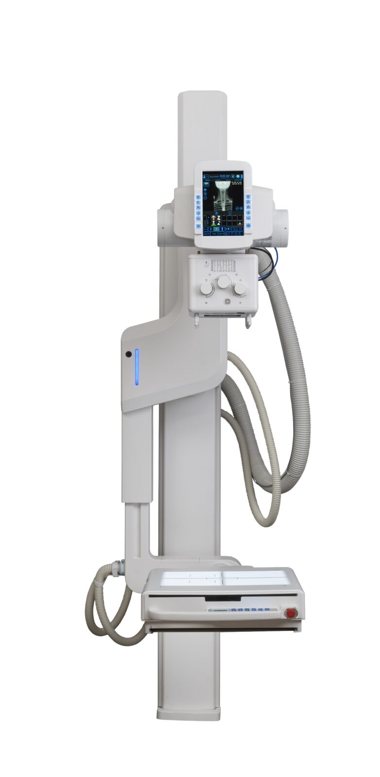 Medical x-ray imaging system on a tall stand with a control console and patient table below