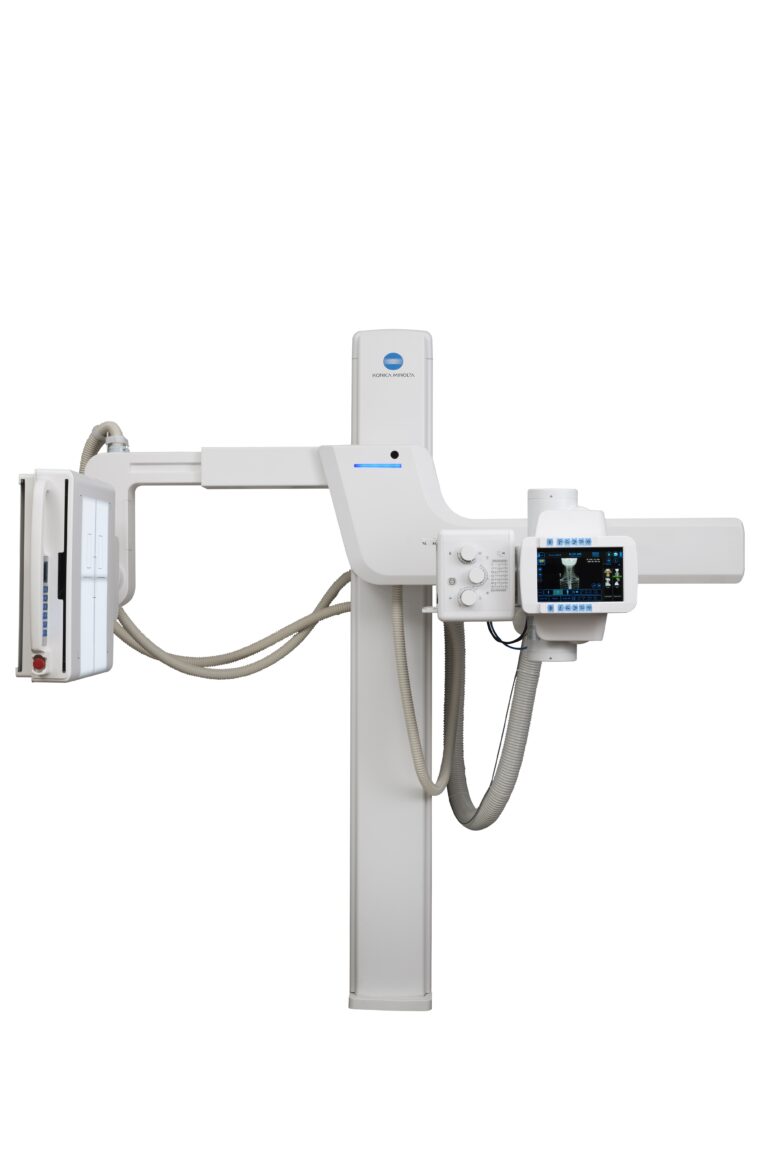 Vertical medical imaging stand with articulated arms and a control panel, including a side monitor displaying radiographs