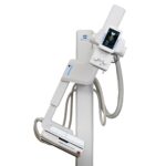 Medical imaging device on a tall white stand, with a control panel and screen attached, white and grey with cables.