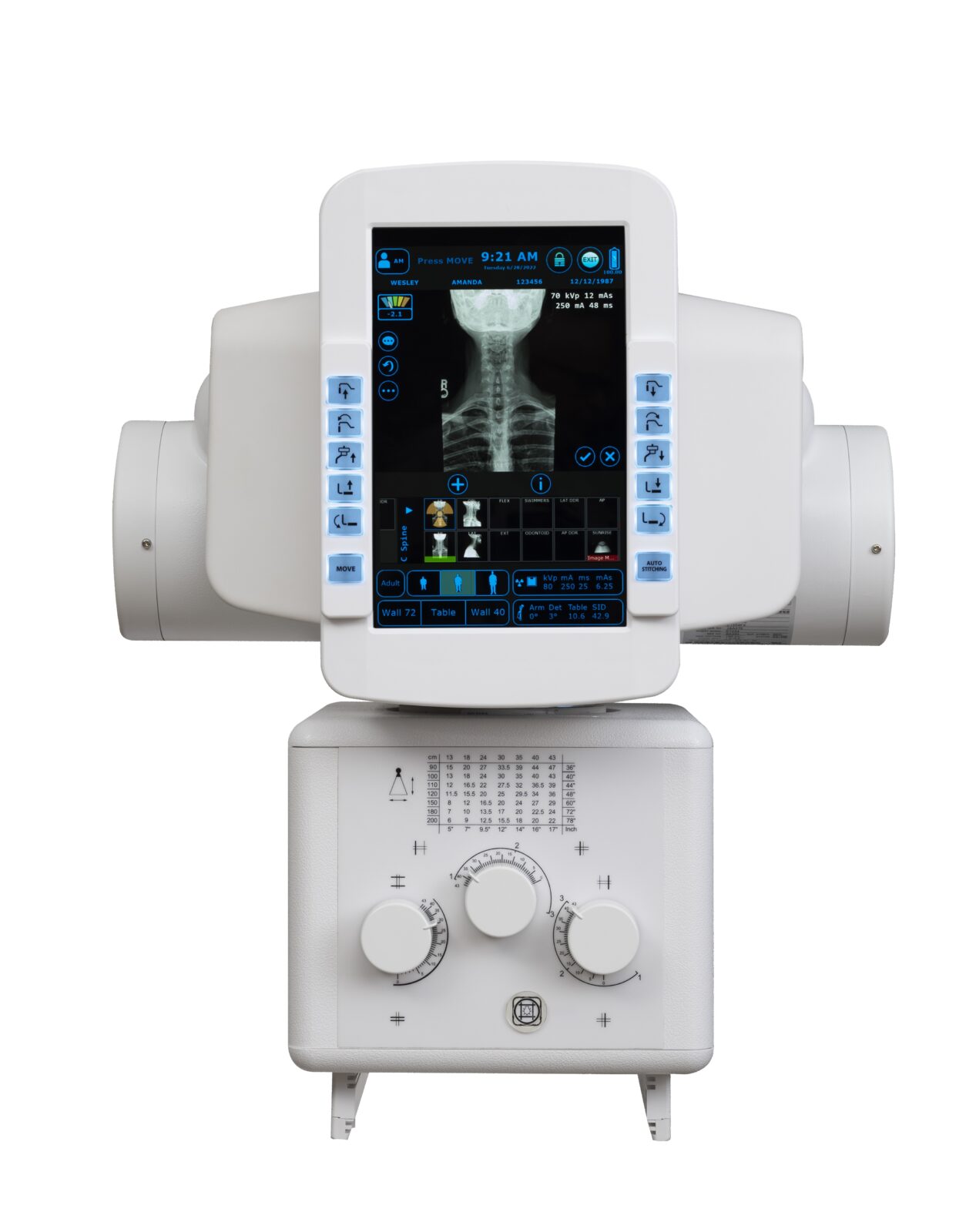 X-ray imaging machine with a neck x-ray displayed on the blue-lit touchscreen console and blue control buttons on the sides.