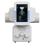 X-ray imaging machine with a neck x-ray displayed on the blue-lit touchscreen console and blue control buttons on the sides.