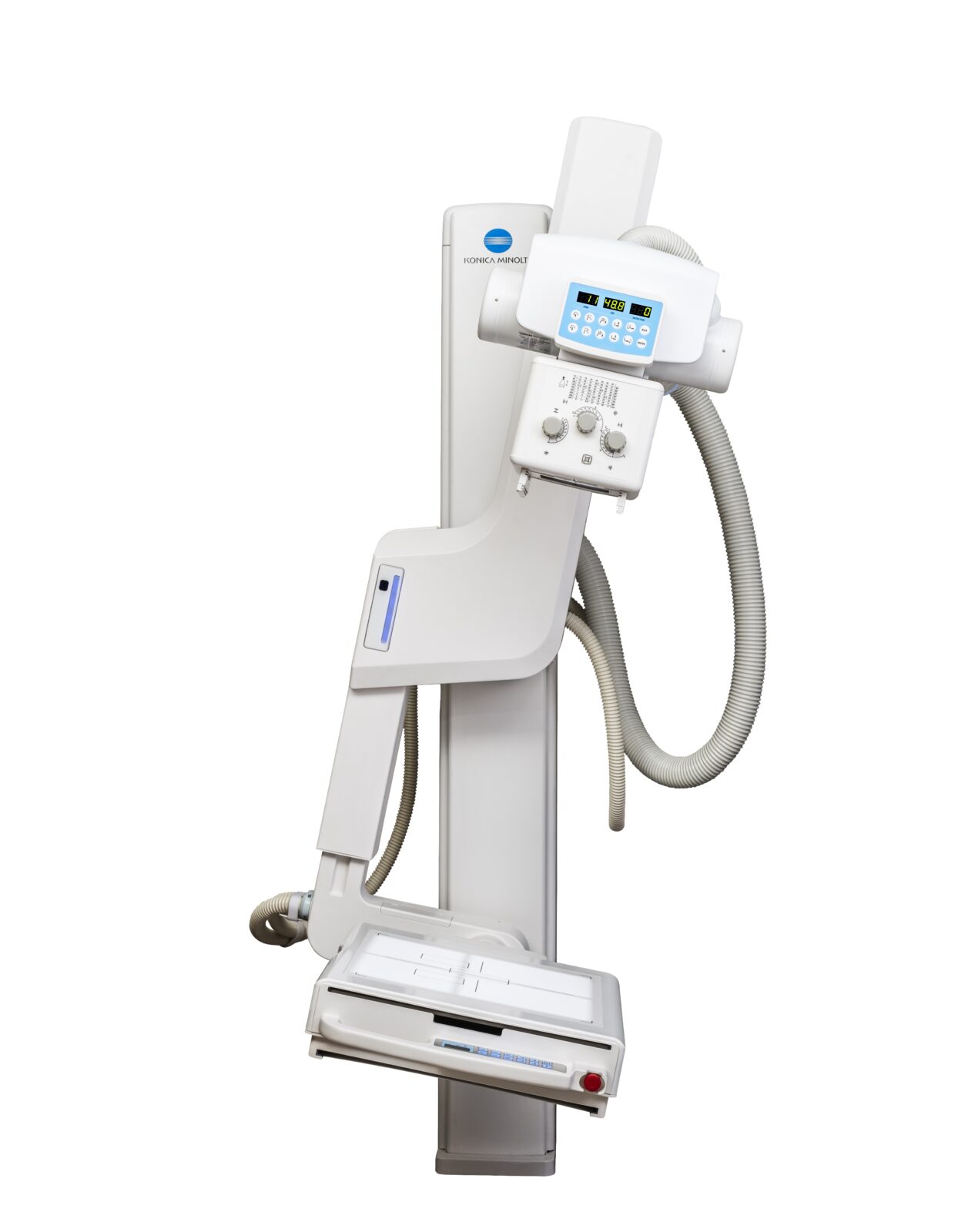 Medical x-ray imaging device on a vertical stand with control panel and cables.