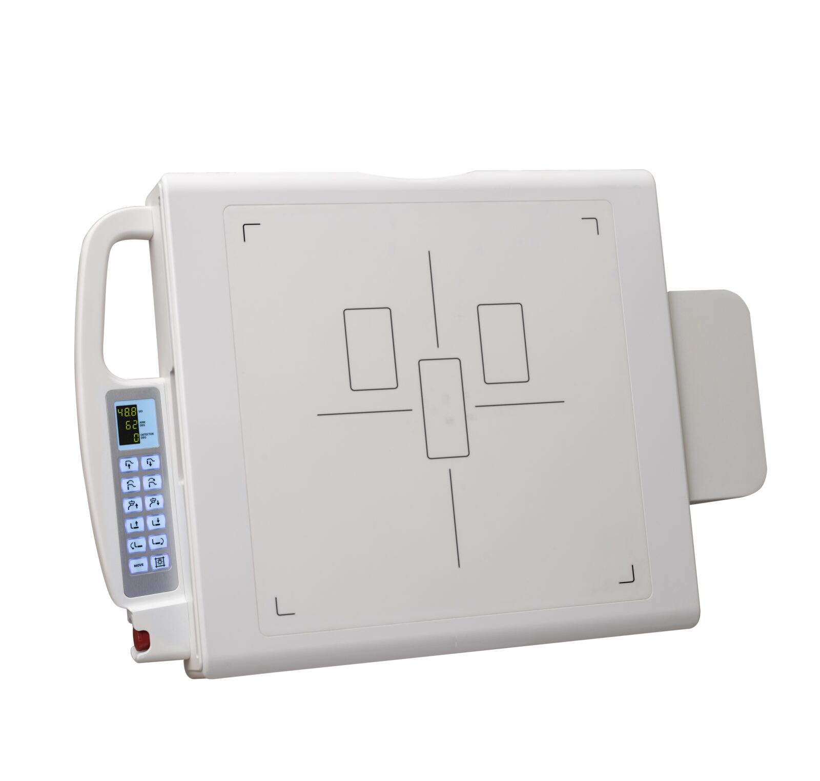 White medical device with a vertical blue-button control panel on the left and a small digital display showing numbers, viewed from the side/top edge