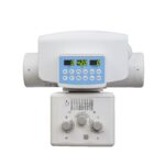 An anesthesia machine monitor with a blue control panel, digital readouts, and multiple round knobs.