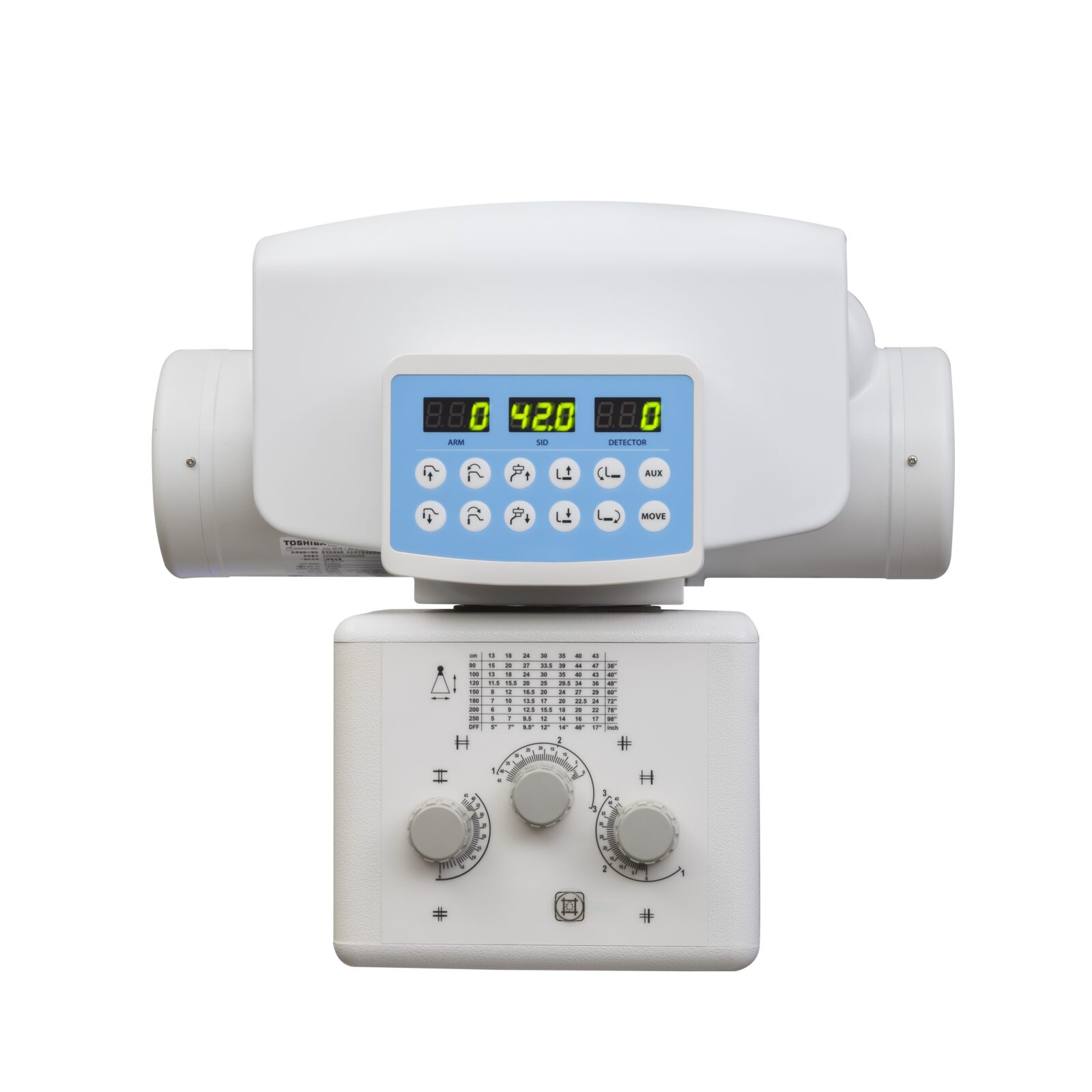 An anesthesia machine monitor with a blue control panel, digital readouts, and multiple round knobs.