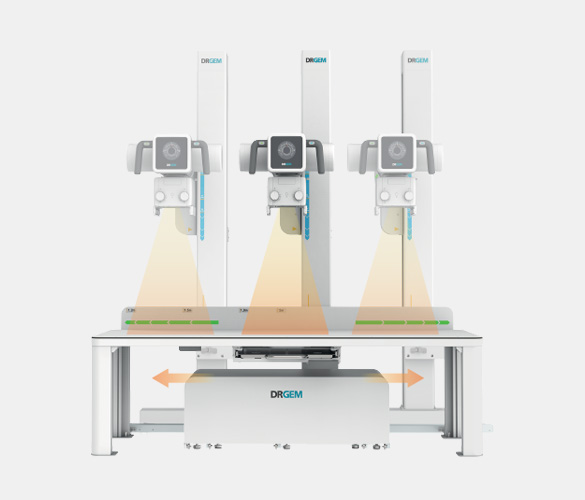 Three-arm drgem dental imaging system on a stand, projecting orange light cones onto a surface beneath for scanning.