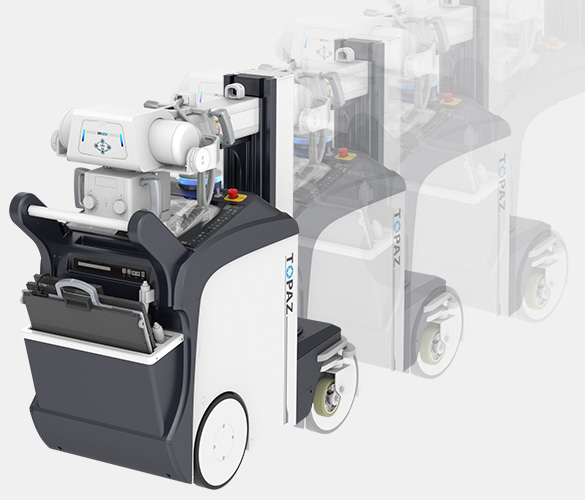 Autonomous warehouse pallet forklift robot for automated material handling. It appears to lift and move pallets in a storage facility.