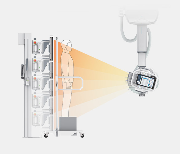 Patient stands at a vertical imaging stand while a robotic c-arm x-ray device emits a cone of radiation toward the patient.