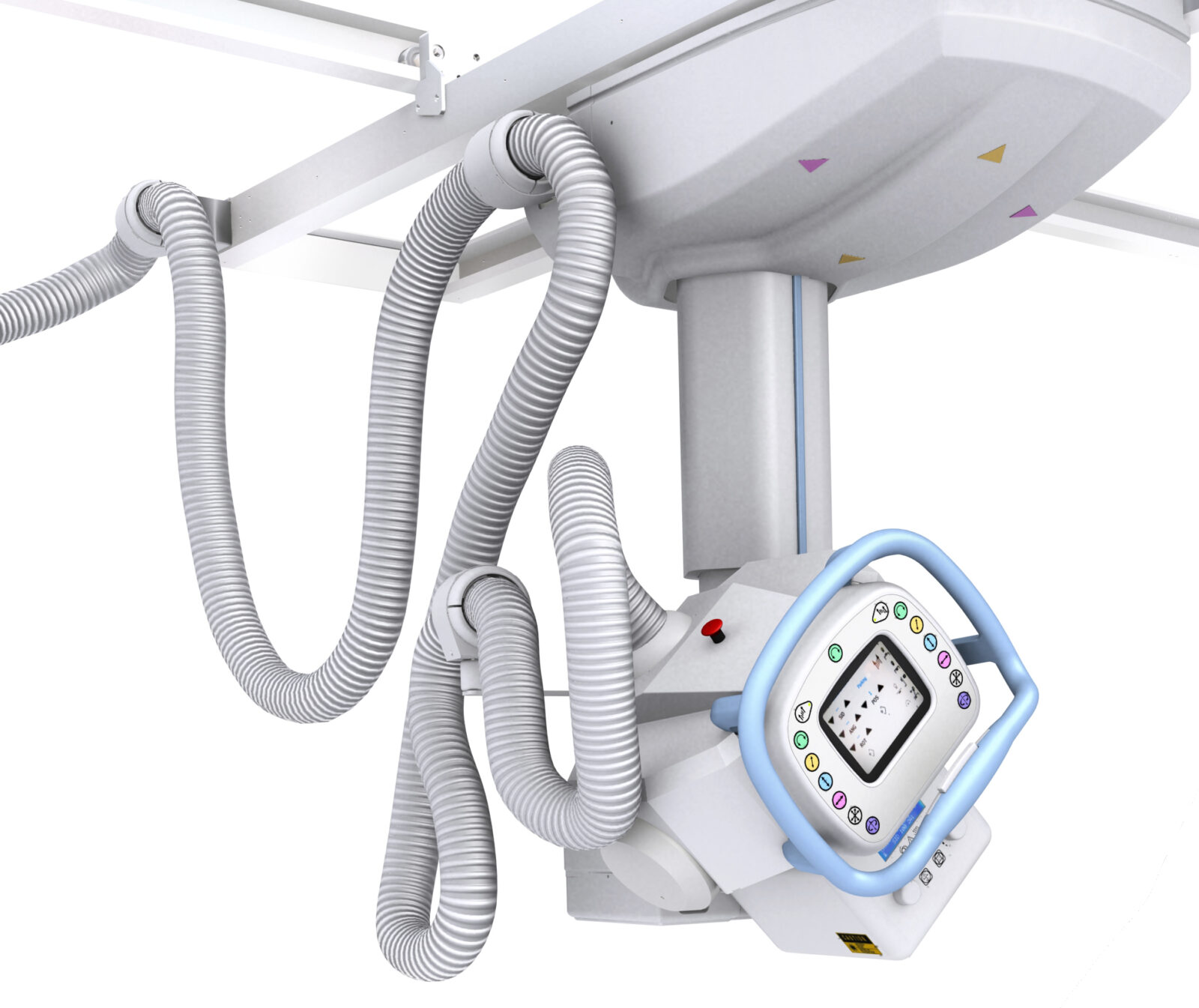 Close-up of a medical imaging device with several flexible silver hoses connected to a stand or arm attachment.