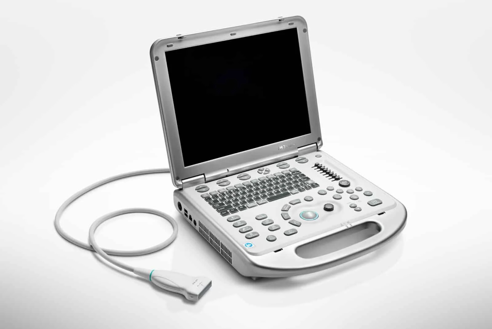 Portable ultrasound machine with a screen, keyboard, and a connected transducer probe on a white background.