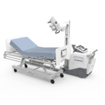 Hospital bed with an overhead radiography/fluoroscopy gantry on a mobile cart for intraoperative imaging (del medical)