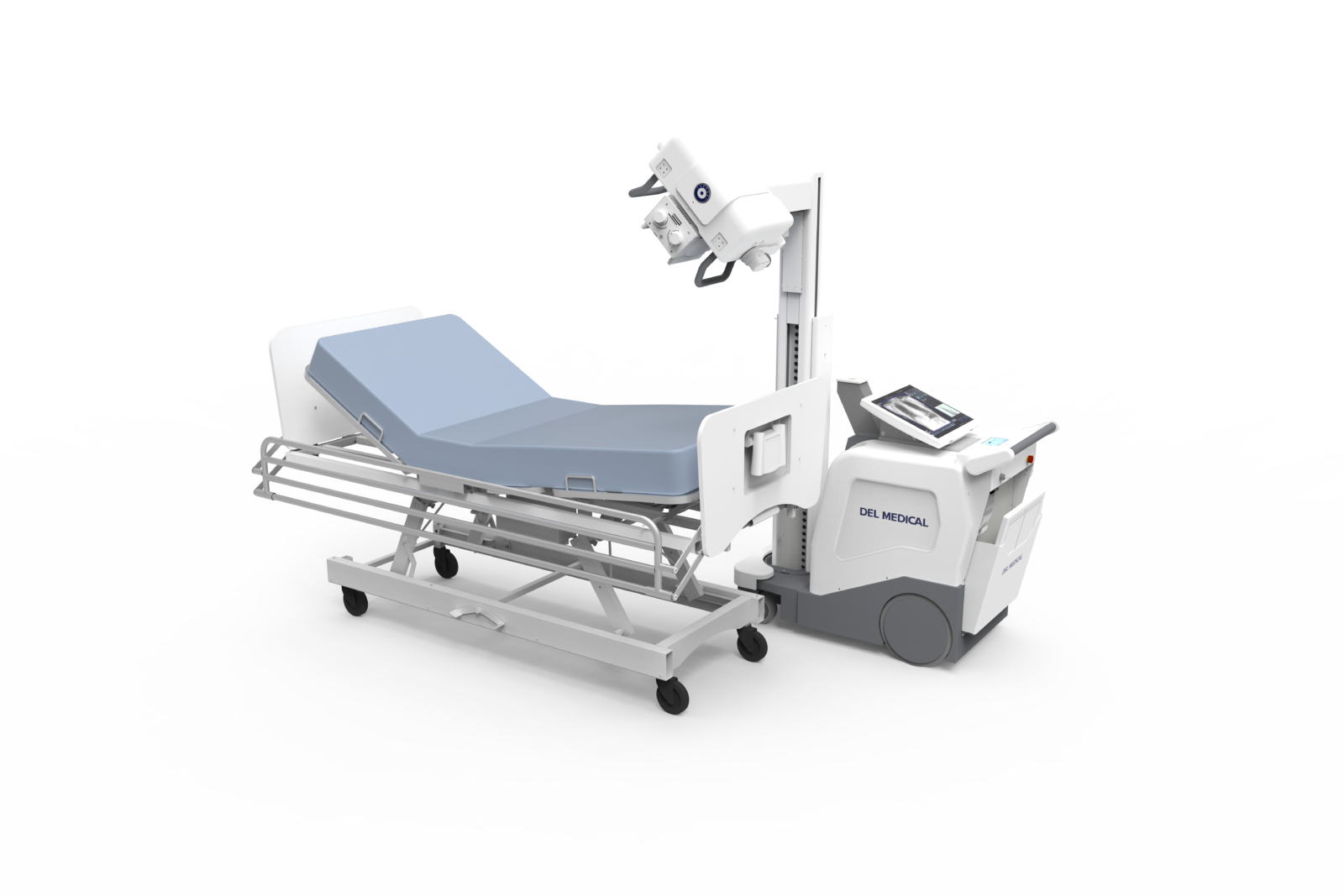 Hospital bed with an overhead radiography/fluoroscopy gantry on a mobile cart for intraoperative imaging (del medical)