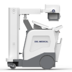 Mobile c-arm x-ray imaging device on wheels with del medical branding, ready for fluoroscopy