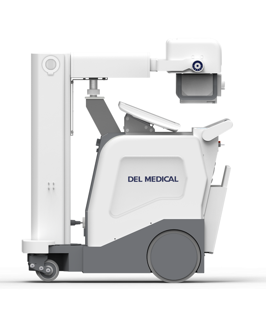 Mobile c-arm x-ray imaging device on wheels with del medical branding, ready for fluoroscopy