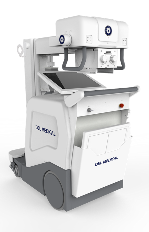 White mobile fluoroscopy/x-ray machine with monitor and control panel, labeled del medical.