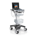 Portable mindray ultrasound system on a wheeled stand with screen and probes