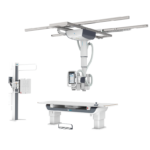 Ceiling-mounted radiography system with patient table and control console in a medical imaging room