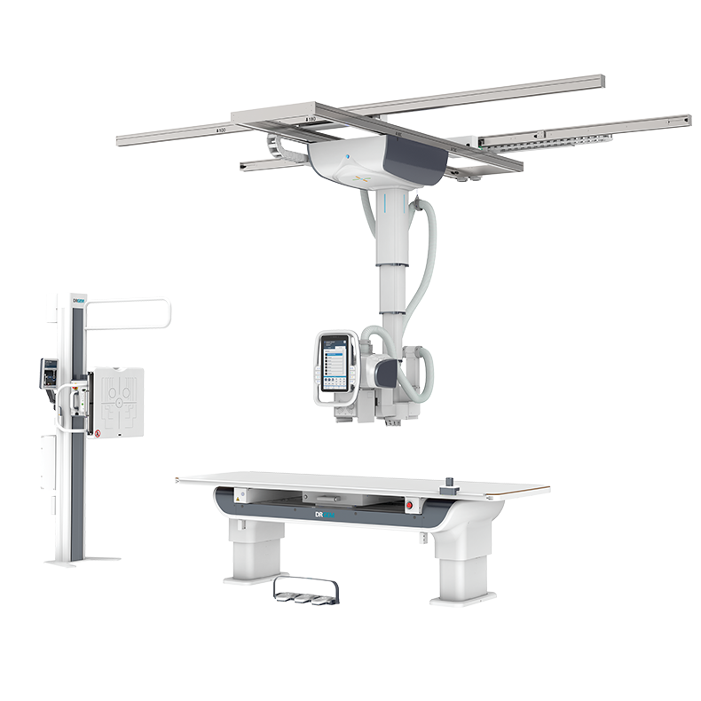 Ceiling-mounted radiography system with patient table and control console in a medical imaging room
