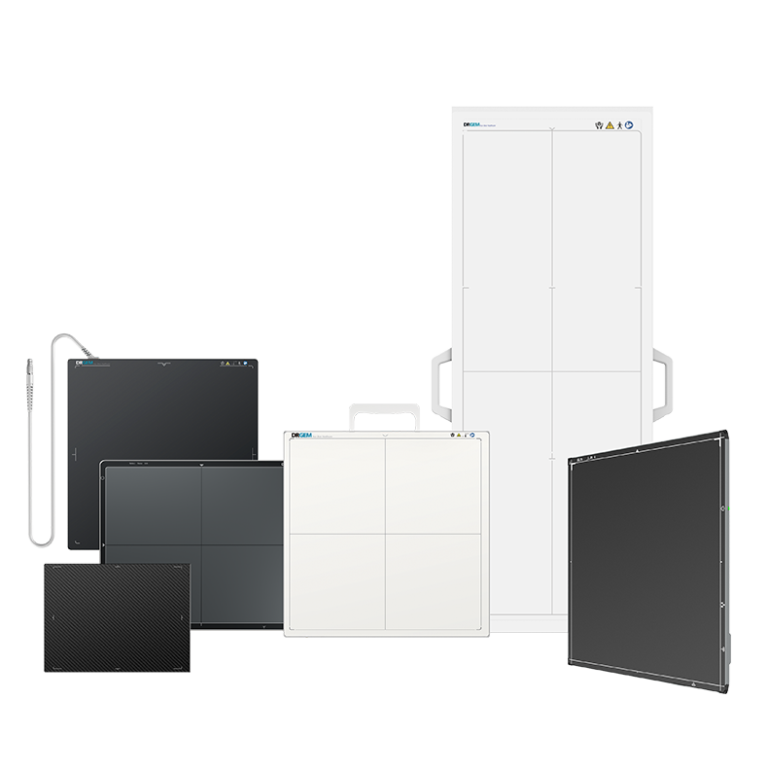 Collection of modular display panels and a tall white cabinet arranged together as a showroom of configurable equipment.