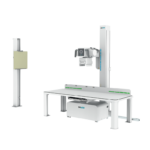 Dental x-ray imaging machine with a horizontal patient table and vertical support rail (drgem brand).