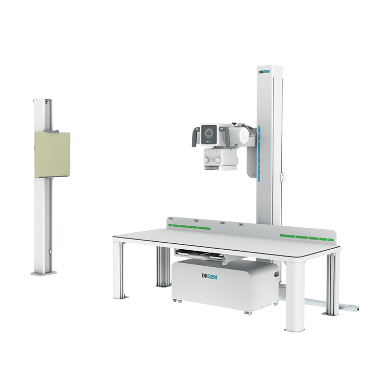 Dental x-ray imaging machine with a horizontal patient table and vertical support rail (drgem brand).