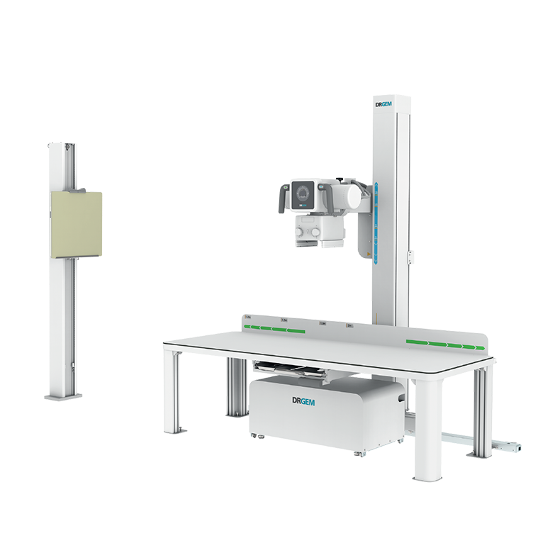 Dental x-ray imaging machine with a horizontal patient table and vertical support rail (drgem brand).