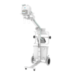 Mobile medical imaging cart with a white control unit and an adjustable arm for radiography