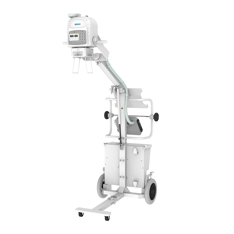 Mobile medical imaging cart with a white control unit and an adjustable arm for radiography