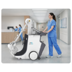 Hospital corridor with a nurse pushing a robotic cleaning machine that polishes the floor